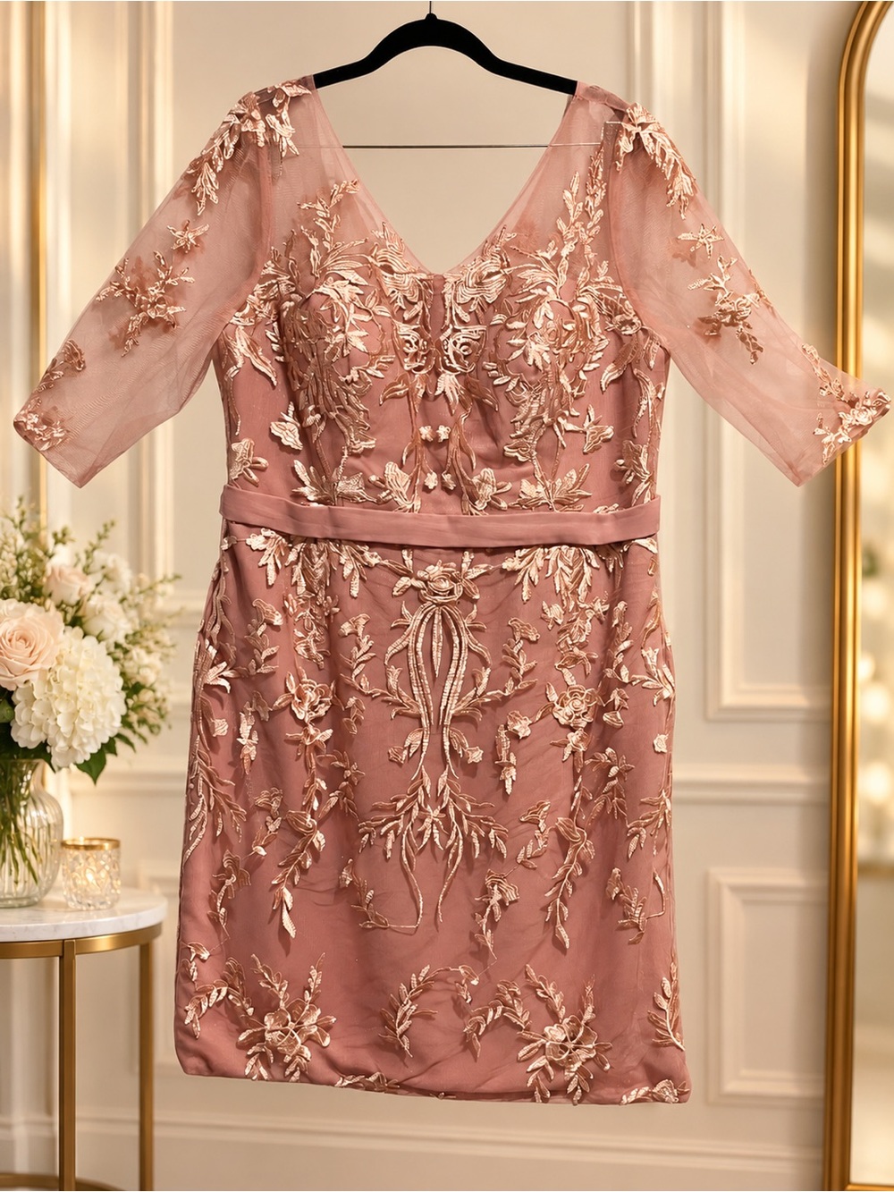 JJs House Dusty Rose Embroidered V-Neck Midi Dress. Size 16